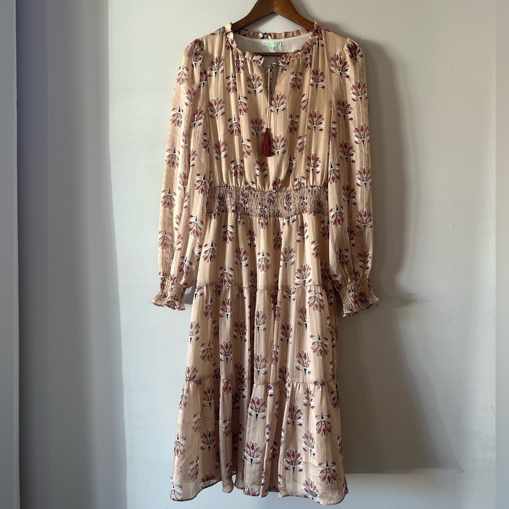 Jade Melody Tam Floral Cream Midi Tiered Dress Smocked Waist Size Medium